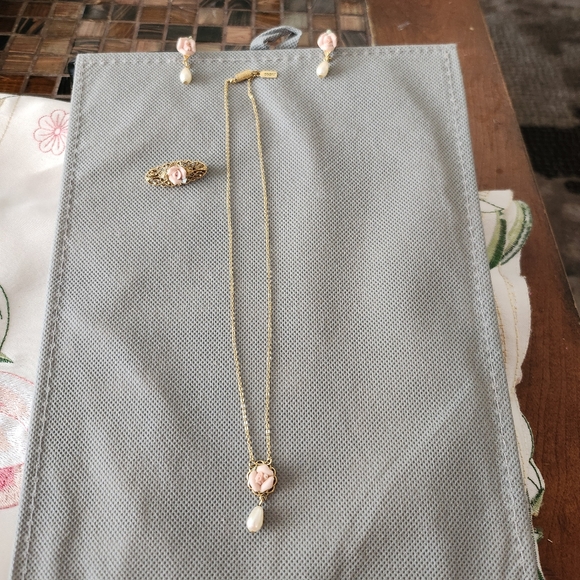 1928 Jewelry - 1928 Brand 90s Gold & Porcelain Pink Rose Necklace, brooch & Earring Set